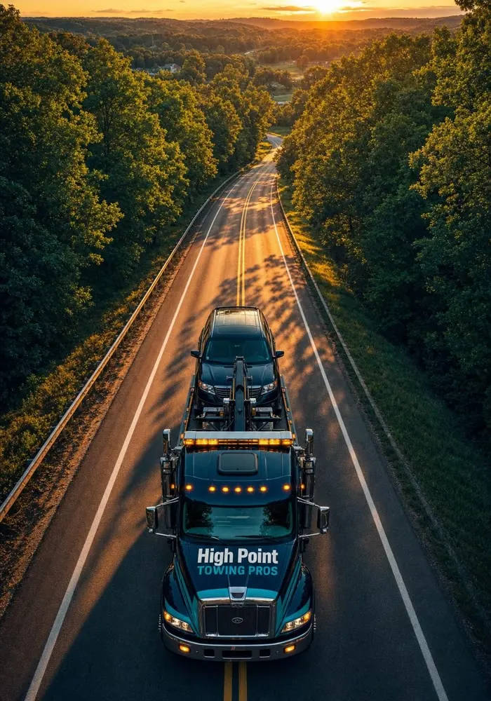 A High-Point-Towing-Pros tow truck towing a car down the highway at dusk, with a beautiful sunset behind them